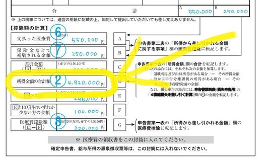 医療費の明細書(記入例)所得金額の合計額