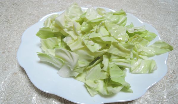 ザク切りにしたキャベツをお皿に盛ります。